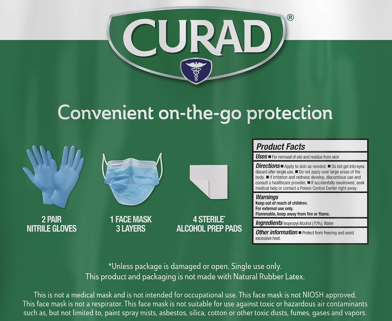 image:imageCURAD Prepped Kit Essential PPE Easy to Carry for Purse Bag and Travel Includes 2 Pairs of Gloves 1 Face Mask 4 Alcohol Prep Pads 1 Pack