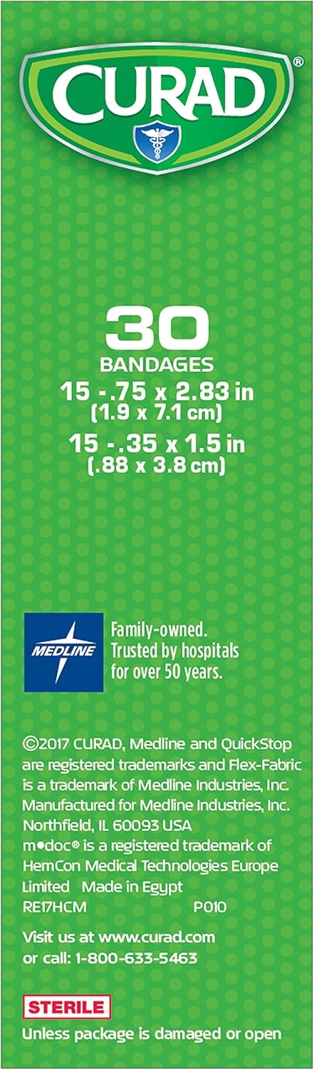 image:imageCURAD QuickStop Bleeding Control Flexible Fabric Bandages Assorted Sizes 30 Count30 Count Pack of 1