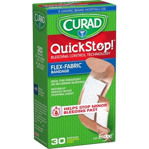CURAD QuickStop Bleeding Control Flexible Fabric Bandages, Assorted Sizes, 30 Count(30 Count (Pack of 1))
