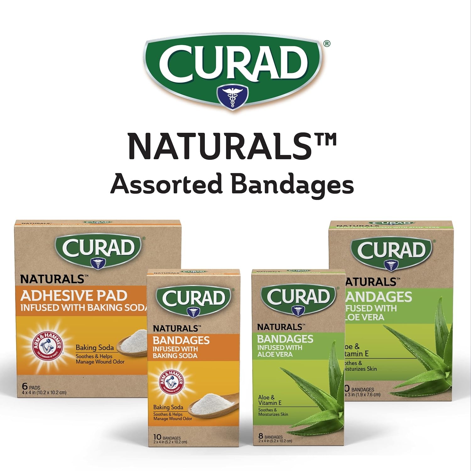 image:imageCURAD Naturals Aloe Vera amp Vitamin E Bandages 075 x 3 Individually Wrapped Sterile Bandage First Aid Kit Essential Protects Scrapes and Cuts Absorbent and SelfAdhesive 30Count 4 Boxes2 x 4
