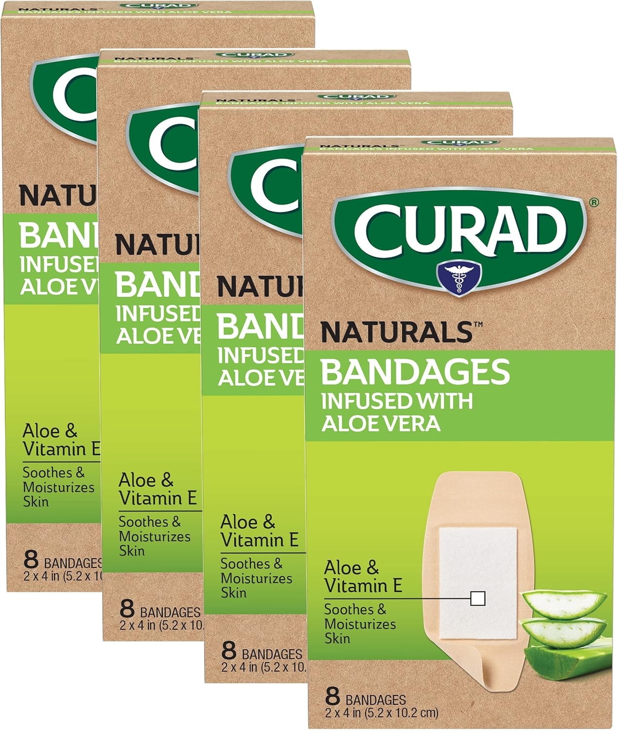 image:imageCURAD Naturals Aloe Vera amp Vitamin E Bandages 075 x 3 Individually Wrapped Sterile Bandage First Aid Kit Essential Protects Scrapes and Cuts Absorbent and SelfAdhesive 30Count 4 Boxes2 x 4