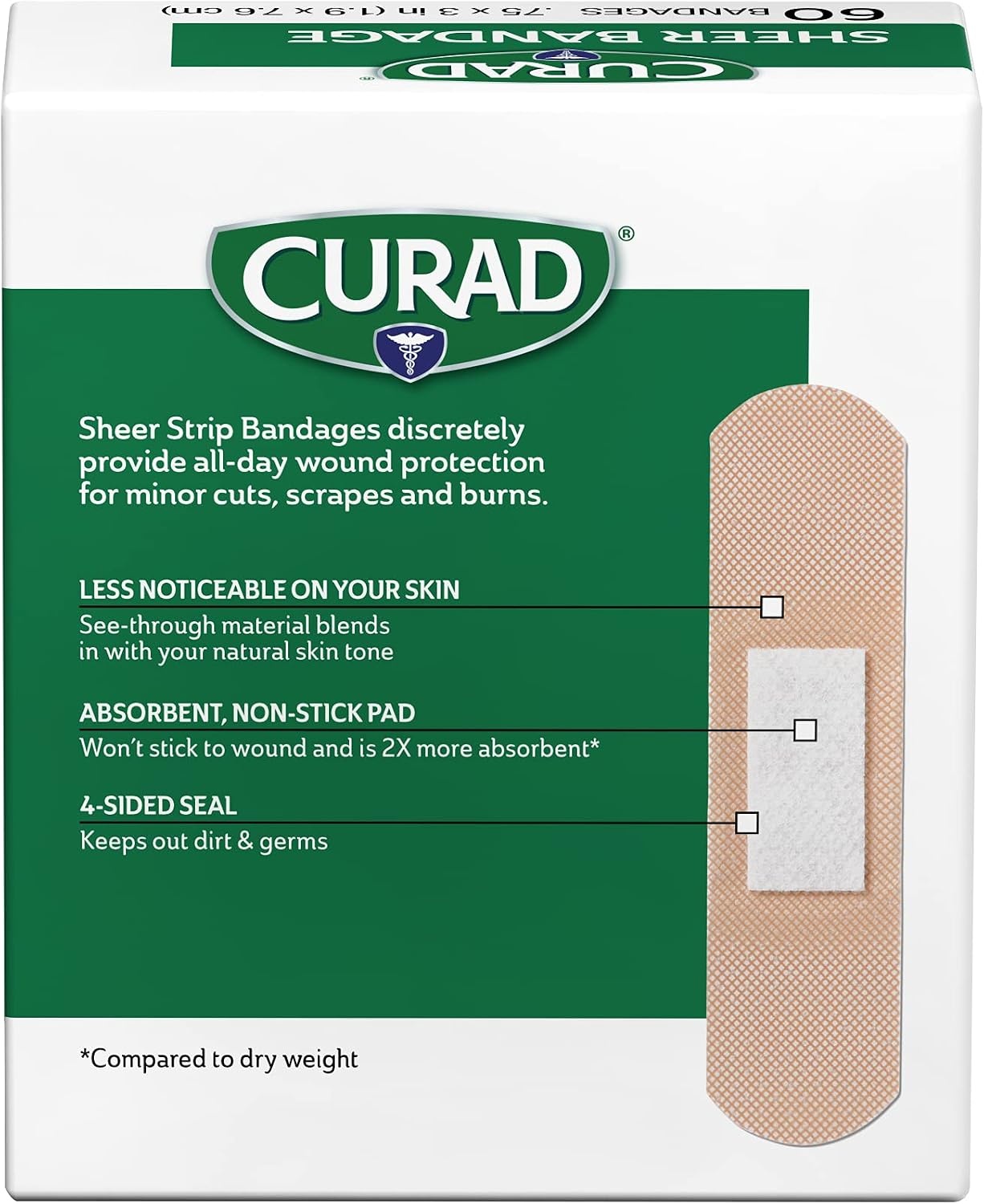 image:imageCURAD Sheer Adhesive Bandages 34 x 3 Inch for First Aid amp Wound Care Durable Breathable amp Flexible Box of 60 Pack of 260 Count Pack of 2