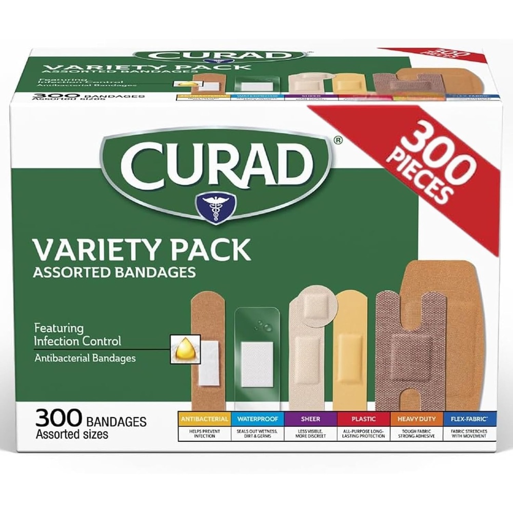 image:imageCURAD Assorted Bandages Variety Pack 300 Count 6 Styles Including Antibacterial Waterproof Sheer Plastic Heavy Duty amp FlexFabric Protects Scrapes Cuts amp Burns LatexFree