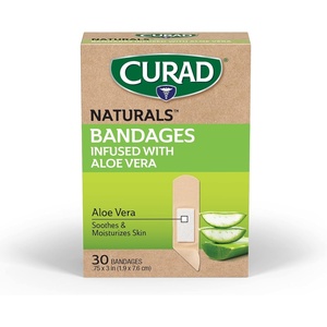 CURAD Naturals Aloe Vera & Vitamin E Bandages 0.75″ x 3″, Individually Wrapped Sterile Bandage, First Aid Kit Essential, Protects Scrapes and Cuts, Absorbent and Self-Adhesive, 30-Count – 4 Boxes(3/4″ x 3″)