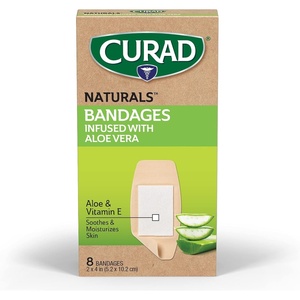CURAD Naturals Aloe Vera & Vitamin E Bandages 0.75″ x 3″, Individually Wrapped Sterile Bandage, First Aid Kit Essential, Protects Scrapes and Cuts, Absorbent and Self-Adhesive, 30-Count – 4 Boxes(2″ x 4″)