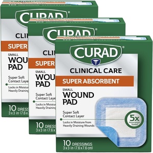 Curad Super Absorbent Wound Pad, Small, 3″ x 3″, 10 Count(3 Pack)